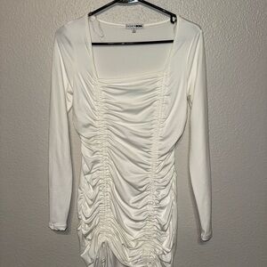 White Ruched Long Sleeve Dress